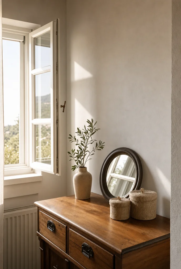 Asterios' House — living room with white slipcovered sofas and a long wooden table